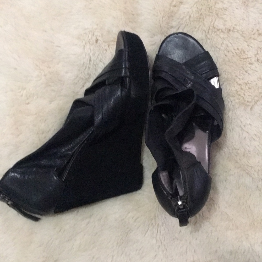 NINE WEST Leather Open-Toed Wedge Heels